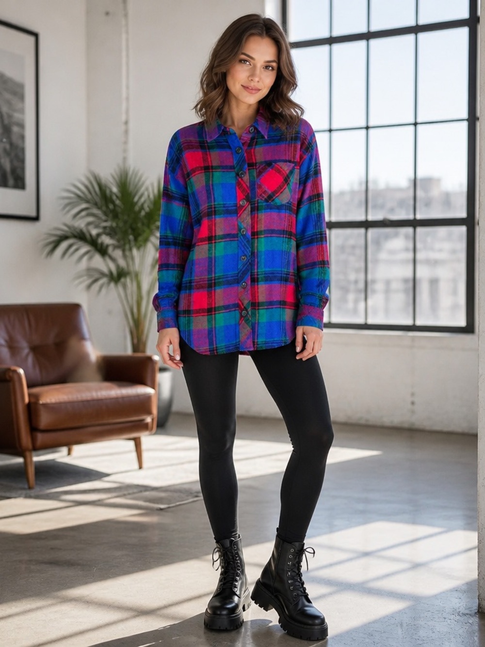 Maurices Cabin Plaid Boyfriend Tunic Flannel Shirt Colorful 100% Cotton XS - Picture 2 of 12